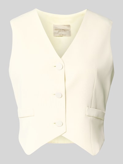 Produktfoto, weißes Satinshirt mit Rundhalsausschnitt von Rinascimento, gerader Schnitt, dezenter Glanz, glatte Struktur, Rückenlänge 54 cm bei Größe S.