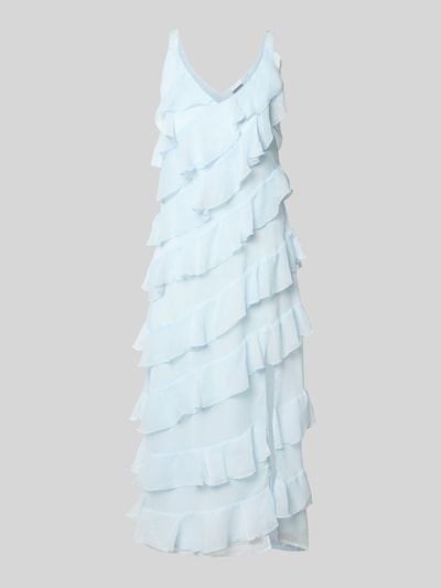 Produktfoto, hellblaues A-Linien Midikleid mit Volants, Modell 'LUNA' von Vila, Träger mit Schnürung, strukturierte Oberfläche
