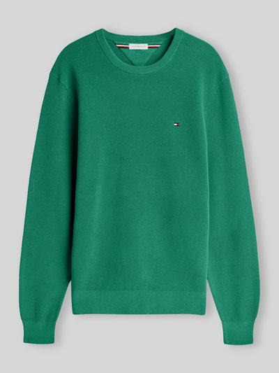 Productfoto, groene regular fit pullover uit pure katoen met fijne textuur en klein Tommy Hilfiger logo, Regular Fit Pullover aus reiner Baumwolle van Tommy Hilfiger, Heren pullover