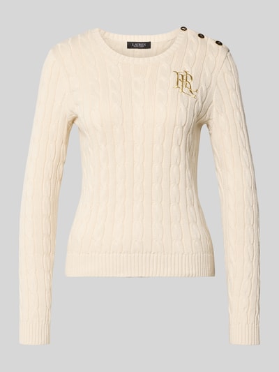 Produktfoto, Strickpullover mit Label-Stitching und Knopfleiste von Lauren Ralph Lauren, Reine Baumwolle, Slim-Fit, Rundhalsausschnitt, cremefarben, strukturierte Oberfläche