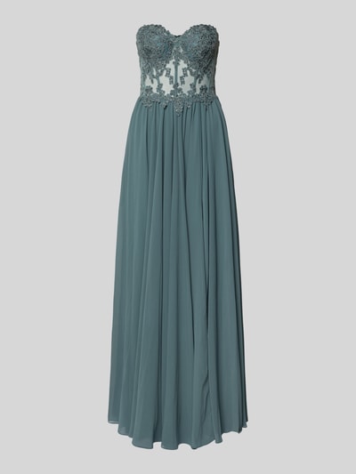 Produktfoto, Abendkleid mit Spitze und Gehschlitz von Mascara, Taillierter Schnitt, Maxikleid, Herz-Ausschnitt, semitransparentes Design, Strasssteinbesatz, Rückseitiger Haken-Reißverschluss, Gehschlitz, Rückenlänge bei Größe 36: 132 cm, Brustweite bei Größe 36: 33 cm, fließender Stoff in Blaugrün, matte und glänzende Texturen, elegante Optik.