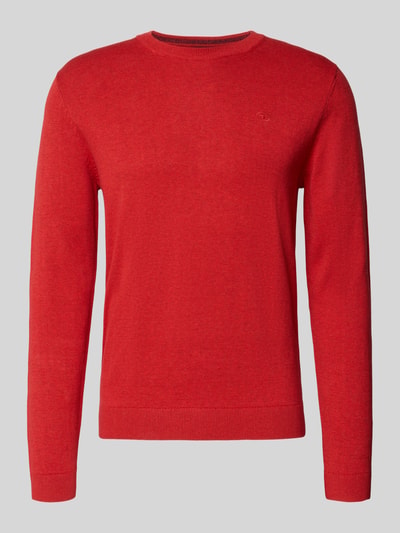 Produktfoto, Regular Fit Strickpullover aus reiner Baumwolle von Tom Tailor in Unifarbe Rot, melierte Optik, Rundhalsausschnitt, gerippte Abschlüsse, Logo-Detail, Strickstruktur