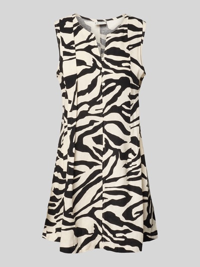 Produktfoto, Minikleid aus Leinen-Viskose-Mix Modell 'LINNO' von ICHI im Allover-Look, gerader Schnitt, V-Ausschnitt, Knopfleiste, Schwarz-Weiß