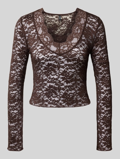 Produktfoto, braunes Slim Fit Langarmshirt in Spitzen-Mesh-Optik Modell 'NIKKA' von ONLY, Damen Langarmshirt, florales Muster