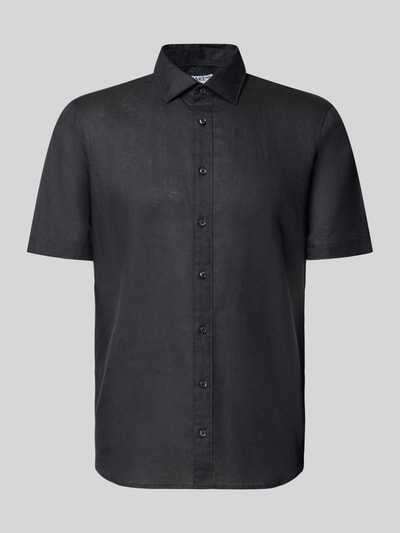 Produktfoto, Slim Fit Freizeithemd aus Leinen-Mix von Jake*s mit Kentkragen, Kurzarm, schwarz, glatte Textur, moderne Passform, klassische Knopfleiste