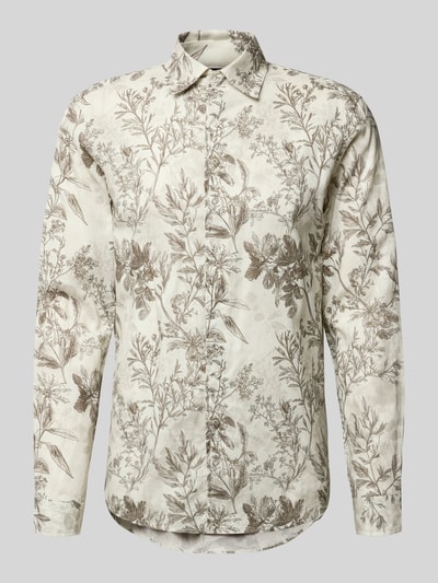 Produktfoto, Regular Fit Freizeithemd aus Leinen-Baumwoll-Mix mit Kentkragen von MCNEAL im Allover-Look, beige-braunes florales Muster, glatte Textur, Rückenlänge 76 cm, Schulterbreite 47 cm, Ärmellänge 66 cm bei Größe M.