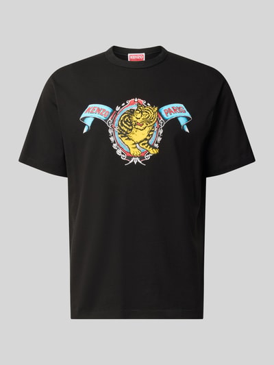 Produktfoto, Regular Fit T-Shirt aus reiner Baumwolle von Kenzo, schwarz mit Label-Print, Rundhalsausschnitt, kurzärmlig, glatte Textur