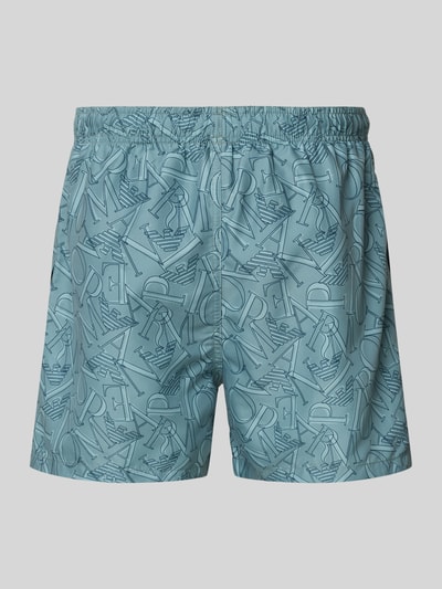 Produktfoto, Regular Fit Shorts mit Allover-Logo-Print von Emporio Armani in Hellblau mit elastischem Bund und Tunnelzug, Herren Shorts