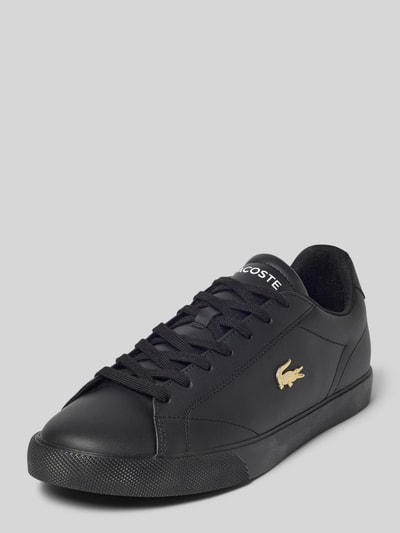 Productfoto, zwarte sneakers met gladde textuur, goudkleurig logo en ronde vormen, Sneaker uit echt leer model 'LEROND SET' van Lacoste, Heren sneakers