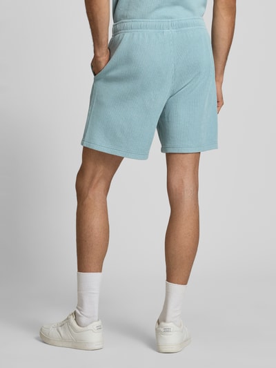 Männermodel trägt Shorts mit Strukturmuster und elastischem Bund von CHAMPION in Hellblau, Baumwoll-Mix, Regular Fit, Ganzkörperansicht Rückansicht.