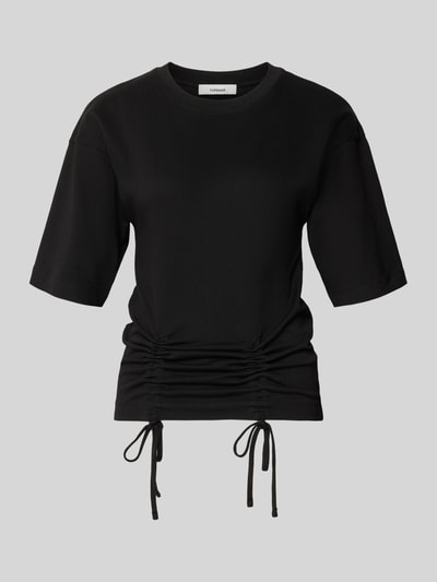 Produktfoto, czarny damski t-shirt z bawełny prosty krój, okrągły dekolt, wiązane marszczenia Model 'MALLE' od Topshop