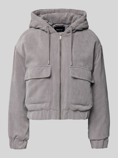 Produktfoto, Regular Fit Bomberjacke mit Kapuze Modell 'SUVA' von ONLY, grauer Cord mit Streifenstruktur, elastische Bündchen, aufgesetzte Taschen