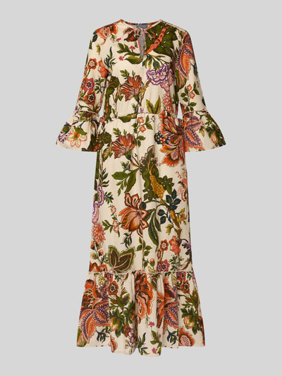 Produktfoto, Midikleid aus Leinen-Baumwoll-Mix im Allover-Look von WHITE LABEL mit floralen Mustern in Orange, Grün und Lila, A-Linie, Stufen-Look, Trompetenärmel, Schlüsselloch-Ausschnitt, Struktur durch mehrere Stofflagen und glatte Textur