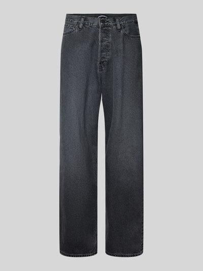 Produktfoto, Loose Fit Baggy Jeans aus reiner Baumwolle Modell 'JAAMEO' von Armedangels in grauer Denim-Optik, 5-Pocket-Design, Mid Waist, Regular-Länge, Label-Patch, verdeckter Knopfverschluss, Gürtelschlaufen, strukturierte Baumwoll-Oberfläche