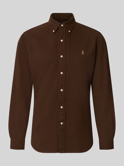 Produktfoto, Custom Fit Freizeithemd aus reiner Baumwolle von Polo Ralph Lauren in Dunkelbraun mit sichtbarer Struktur und beigen Knöpfen