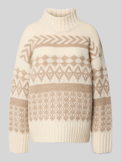 Produktfoto, Comfort Fit Strickpullover aus Norweger-Strick Modell 'AMPLE' von Vero Moda mit Optik:Allover-Muster in Beige und Creme, Stehkragen, Langarm, geripptem Ärmelabschluss und Rumpfabschluss, Materialverarbeitung: Strick
