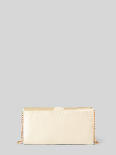 Produktfoto, Clutch aus Satin mit Knotendetail von Jake*s Cocktail in Beige, rechteckige Form, goldener Schulterriemen, glatte Textur