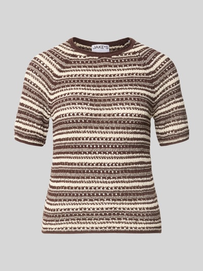 Produktfoto, Strickshirt im Allover-Look mit Rollsaum von Jake*s Casual, braun-beige gemustert, Baumwoll-Mix, Rundhalsausschnitt, Kurzarm