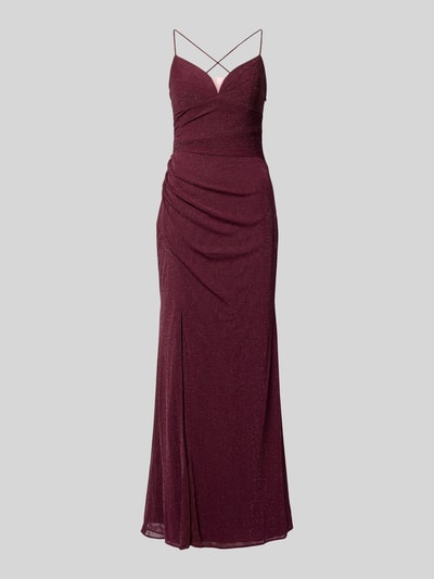 Produktfoto, Abendkleid mit Herz-Ausschnitt von Laona in Bordeaux, Maxikleid mit Spaghettiträgern, Raffung, Körpernahe Passform, glänzende Textur, Rückenlänge 117 cm, Brustweite 40 cm bei Größe 36.