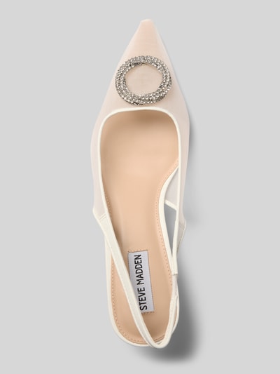 Produktfoto, Brautschuhe im Slingback-Design Modell 'Kaisley' von Steve Madden in Weiß mit spitz zulaufender Form, Mesh, Strass-Applikation, Pfennigabsatz, elastischem Fersenriemen und semitransparentem Design, Absatzhöhe 5 cm, Draufsicht