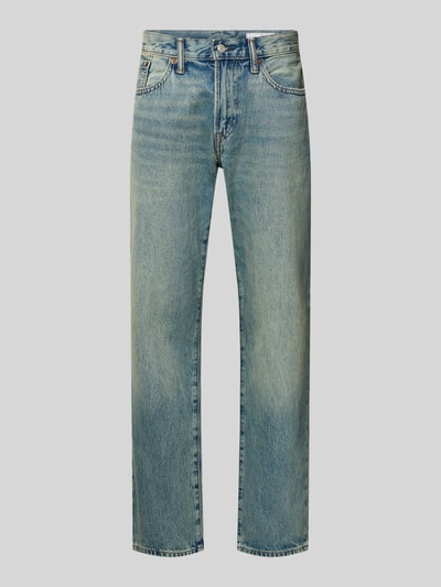 Produktfoto, Straight Leg Jeans im 5-Pocket-Design von GAP, Herren, Reine Baumwolle, Relaxed-Fit, blaue Denimfarbe, Knopf- und Reißverschluss, Bundweite 42 cm, Innenbeinlänge 81 cm, strukturierte Oberfläche, klare Linien.