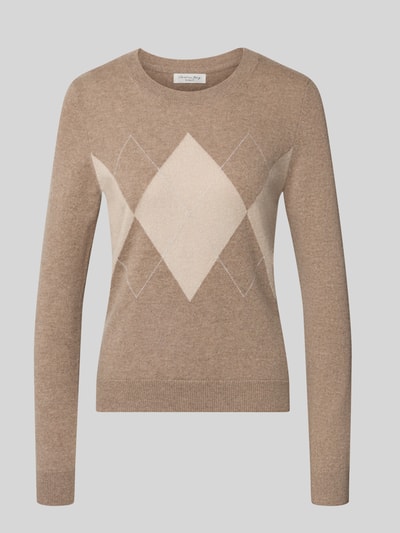 Produktfoto, Slim Fit Strickpullover aus Kaschmir-Mix mit Rundhalsausschnitt von Christian Berg Woman, beżowy, jasnobeżowy diamentowy wzór, prążkowane wykończenia, długi rękaw, imitacja dzianiny, mieszanka kaszmiru, okrągły dekolt, długość tyłu 54 cm, długość rękawów 63 cm, krój slim fit