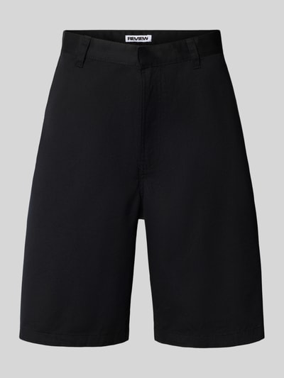 Produktfoto, Bermudas mit Eingrifftaschen von REVIEW in Schwarz, Regular Fit, Material-Mix mit Baumwoll-Anteil, schlichte Optik, Nahaufnahme Vorderansicht.