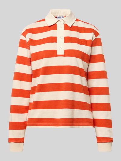Produktfoto, Longsleeve mit Label-Stitching von Jake*s Casual, gestreift in Orange und Creme, reine Baumwolle, Polokragen, Regular-Fit.