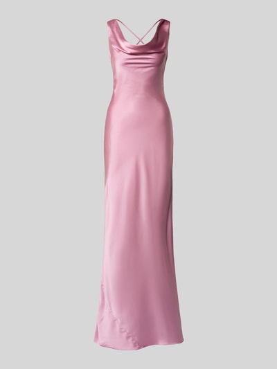 Produktfoto, Abendkleid mit rückseitiger Schnürung von Luxuar, Satin mit Wasserfall-Ausschnitt, Körpernaher-Schnitt, Maxikleid, rosa, glatte glänzende Oberfläche, Rückenlänge 160 cm, Brustweite 31 cm bei Größe 36