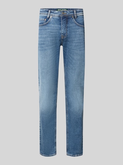 Produktfoto, jasno-niebieskie jeansy z lekkimi przetarciami, proste nogawki, tekstura bawełny, Straight Fit Jeans aus Baumwoll-Mix Modell 'ARNE' von MAC, Herren Straight Fit Jeans von MAC