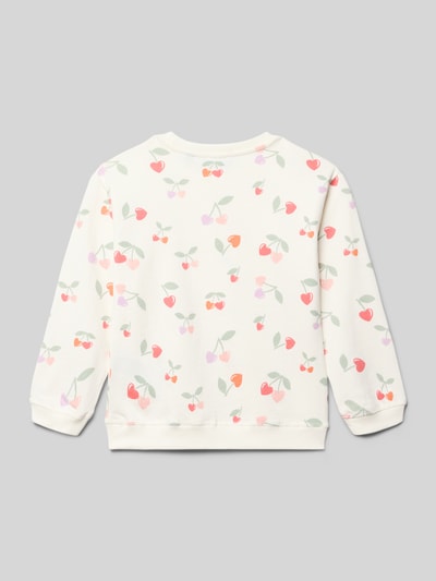 Produktfoto, Sweatshirt mit Rundhalsausschnitt und Motiv-Print von Blue Seven, weiß mit buntem Kirschen-Muster, reine Baumwolle, lockerer Schnitt, gerippter Rundhalsausschnitt, weiche Textur