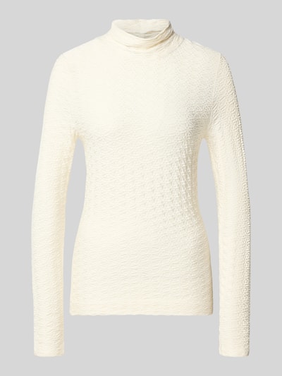 Produktfoto, Skinny Fit Longsleeve aus Viskose-Mix von Marc Cain in Creme mit Strukturmuster, Stehkragen, lange Ärmel, figurbetont.