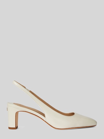 Produktfoto, Slingback-Pumps aus echtem Leder von Lauren Ralph Lauren in Creme, glattes Glattleder, unifarben, trichterförmiger Absatz, Metall-Logo, abgerundete Schuhspitze