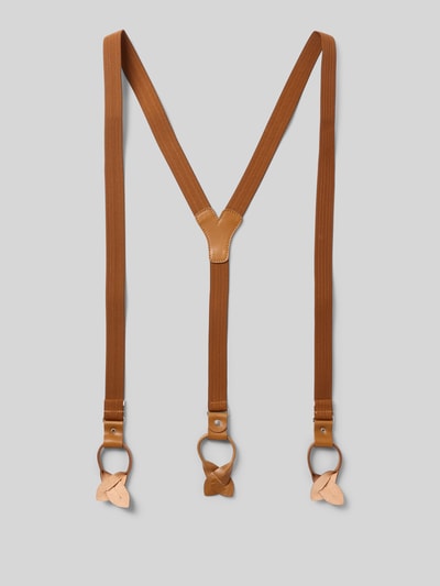 Produktfoto, Verstellbare Hosenträger mit Leder-Details von Lloyd Men's Belts, Y-Form, Modell CLASSIC X-Braces, braune Riemen auf hellem Hintergrund
