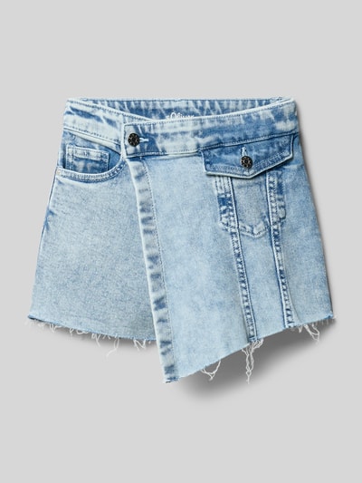 Produktfoto, Regular Fit Jeans-Skort aus Baumwoll-Mix von s.Oliver RED LABEL, Denim-Optik mit Used-Look, Cropped-Länge, 5-Pocket-Design, innen Weitenregulierung, sichtbare Gürtelschlaufen, sichtbare Nähte und strukturierte Baumwoll-Mix-Oberfläche.