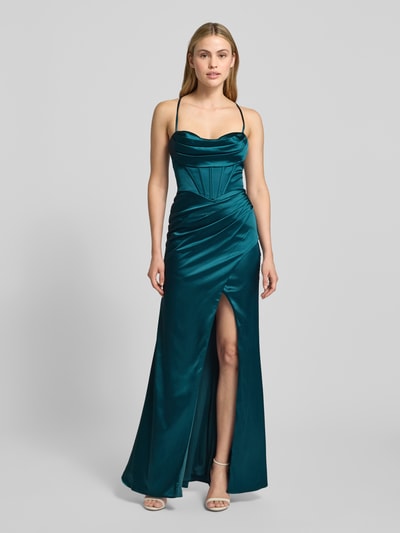 Luxuar Abendkleid aus Satin mit Gehschlitz und rückseitiger Schnürung Petrol 4