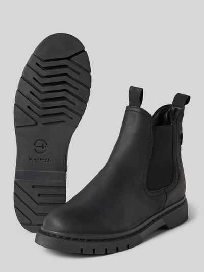 Productfoto, zwarte chelsea boots van rundleer met grove zool, Dames Chelseas van Tamaris, product van Chelseas uit echt rundleer