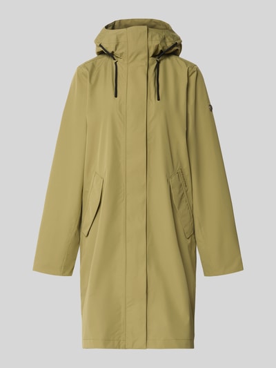 Produktfoto, olivgrüner Damen Parka mit Kapuze, Tunnelzug und Pattentaschen, Modell 'ELINA' von Didriksons, Relaxed-Fit, glatte Struktur