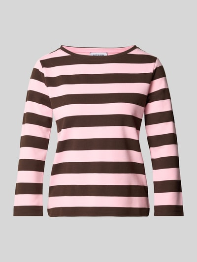 Produktfoto, Langarmshirt mit 3/4-Arm von MORE & MORE, Streifenmuster in Rosa und Braun, elastischer Viskose-Mix, gerader Schnitt.