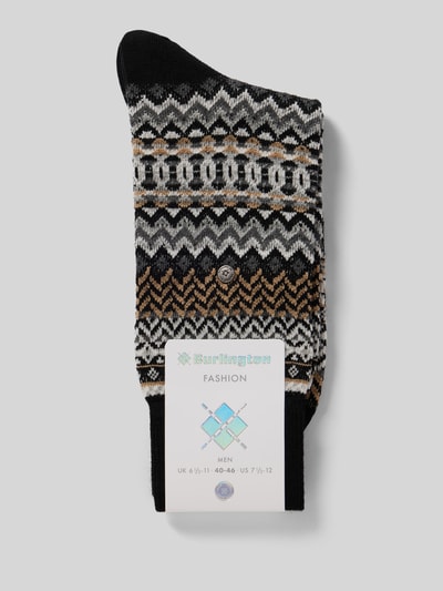 Produktfoto, Wollsocken aus Schurwoll-Mix von Burlington, mieszanka żywej wełny i bawełny, prążkowane ściągacze, fakturowany wzór, detal z logo w efekcie metalicznym