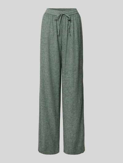 Produktfoto, Leinenhose mit Kordelzug Modell 'Viana Ginia' von MSCH Copenhagen im grünlichen Leinen-Mix mit Wide-Leg-Pants, sichtbare Struktur.