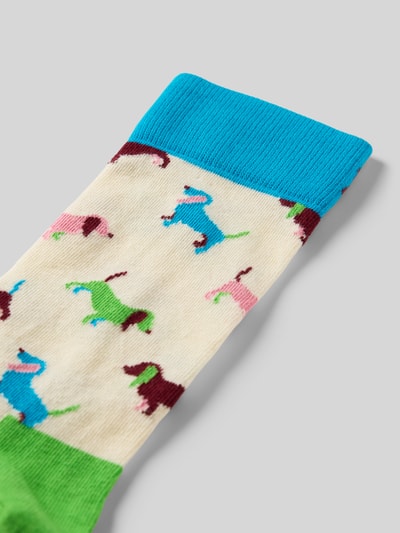 Produktfoto, bunte Socken aus Baumwoll-Mix Modell 'PUPPY LOVE' von Happy Socks mit Hunde-Motiven, elastisches Rippenbündchen, Label-Detail.