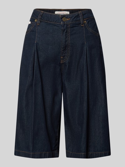Produktfoto, Bermudas im 5-Pocket-Design mit Label-Detail von Guess Jeans aus Reine Baumwolle in Straight Fit, dunkles Blau, sichtbare Nähte, Knopf- und Reißverschluss, Bundweite 38 cm, Innenbeinlänge 31 cm, glatte Denim-Struktur