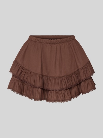 Produktfoto, Minirock aus Viskose-Mix mit Volantsaum Modell 'Frill' von Gina Tricot, kolor brązowy, fason A-linia, elastyczny pas, Szerokość w rozmiarze S: 35 cm, długość całkowita w rozmiarze S: 33 cm