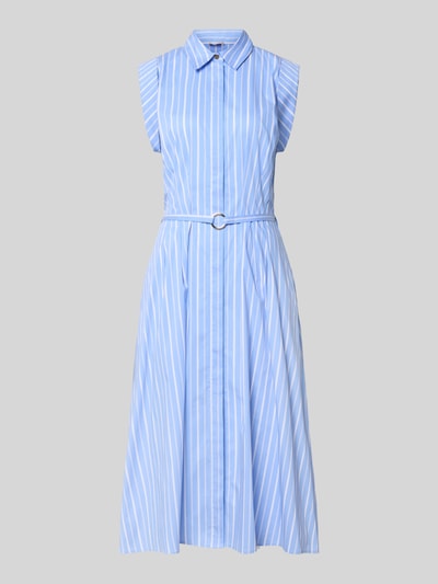 Produktfoto, Hemdblusenkleid mit Gürtel von Liu Jo White in Hellblau mit weißen Streifen, A-Linie, Baumwoll-Mix mit Stretch-Anteil, Midikleid, Hemdblusenkragen, verdeckte Knopfleiste, Rückenlänge bei Größe 36: 119 cm, Brustweite bei Größe 36: 39 cm.