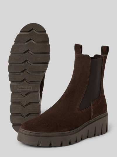 Produktfoto, braune Chelseas aus echtem Rindsleder von Tamaris für Damen, samtige Oberfläche, markante Profilsohle, Damen Chelseas von Tamaris