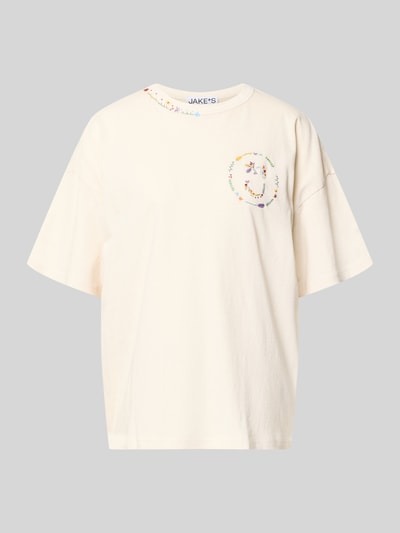 Produktfoto, Relaxed Fit T-Shirt mit floralem Stitching von JAKE*S STUDIO WOMAN in Creme, Halbarm, Rundhalsausschnitt, Damen T-Shirt, Rückenlänge 64 cm bei Größe 38, dezente florale Struktur.