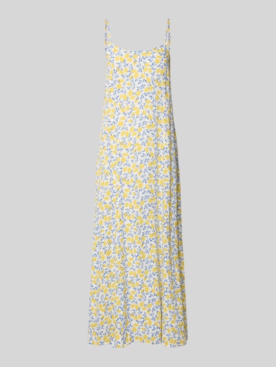 Produktfoto, schmal geschnittenes Freizeitkleid aus reiner Viskose Modell 'BARRI' von Pieces mit gelb-blauem floralem Allover-Muster, Maxi-Länge, Spaghettiträgern und Henley-Ausschnitt, glatte Webware.