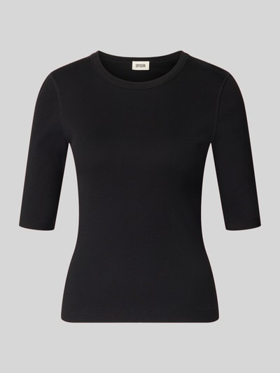 Produktfoto, Regular Fit Longsleeve mit Rundhalsausschnitt Modell 'Selay' od Drykorn z czarnej bawełny z fakturowanym wzorem, rękaw o dł. 1/2, długość tyłu w rozmiarze S: 55 cm