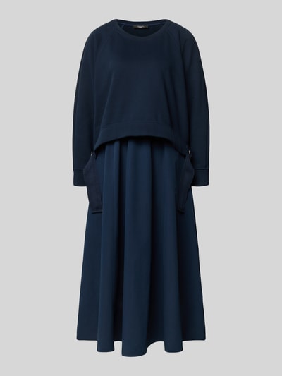 Produktfoto, dunkelblaues zweiteiliges Sweatshirt-Kleid aus Baumwoll-Mix Modell 'DESTINO' von Weekend Max Mara, unifarben, ausgestellte Midi-Länge, Rundhals, Bindeband-Raffung am Sweatshirt, breite Träger, lange Raglanärmel, seitliche Eingrifftaschen, Sweat-, Jersey- und Rippstruktur
